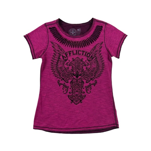 Affliction Live Fast‎ Women Pink Short Sleeve Crew Neck Shirt Sz L - Picture 1 of 6